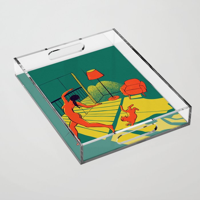 Dancing with the cat | Moody sunset light and shadows Aesthetic Green room Naked dance Femme Fatale  Acrylic Tray Gallery Image 1