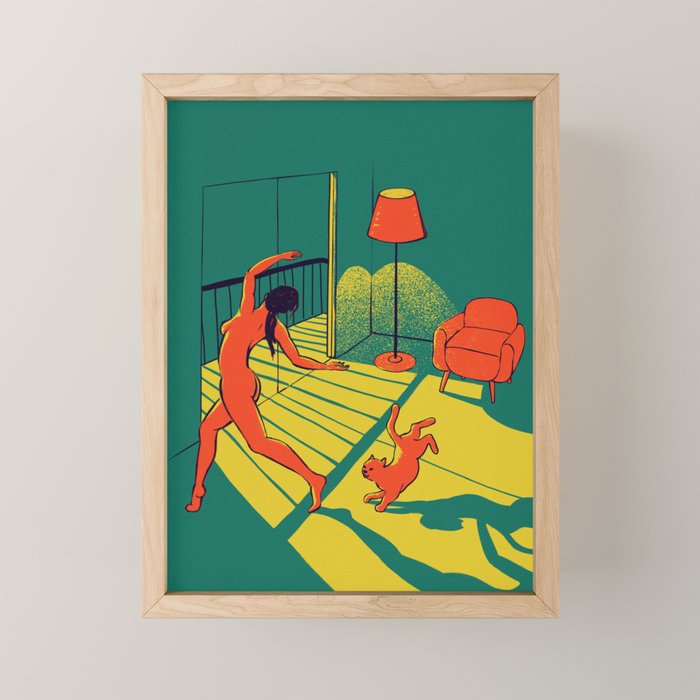 Dancing with the cat | Moody sunset light and shadows Aesthetic Green room Naked dance Femme Fatale  Mini Art Print Gallery Image 1