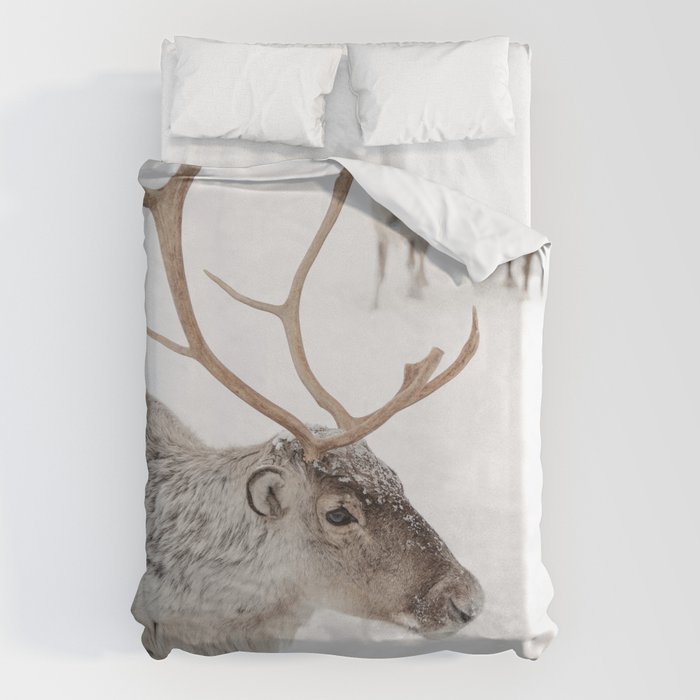 Reindeer With Antlers Art Print | Tromsø Norway Animal Snow Photo | Arctic Winter Travel Photography Duvet Cover Gallery Image 1