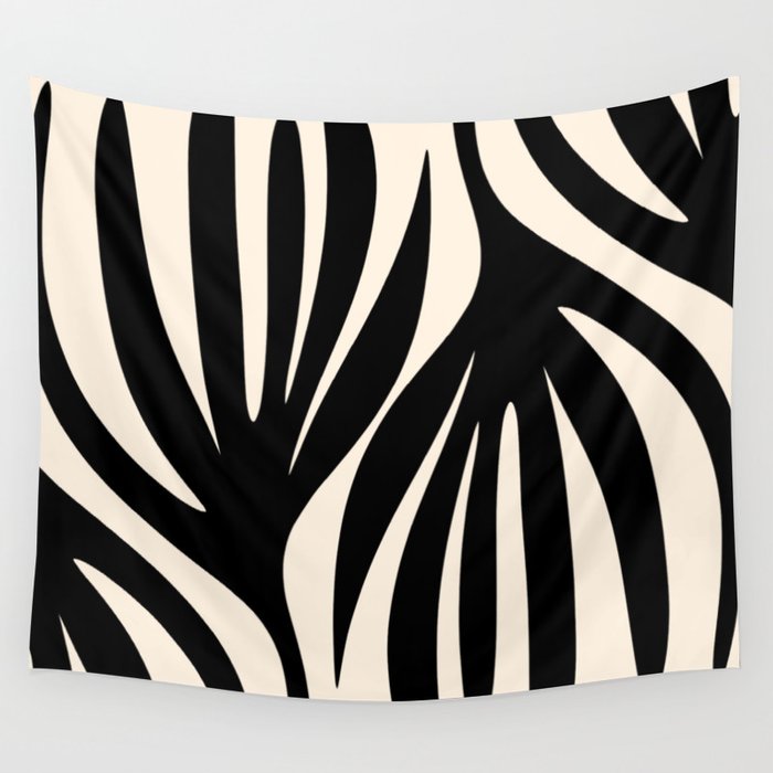 Maldives Leaves Abstract Minimalist Pattern Black and Almond Cream Wall Tapestry Gallery Image 4