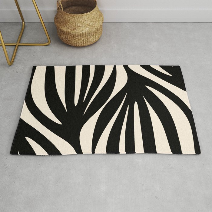Maldives Leaves Abstract Minimalist Pattern Black and Almond Cream Rug Gallery Image 1