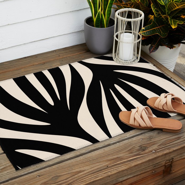 Maldives Leaves Abstract Minimalist Pattern Black and Almond Cream Outdoor Rug Gallery Image 2