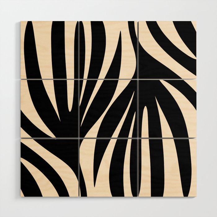 Maldives Leaves Abstract Minimalist Pattern Black and Almond Cream Wood Wall Art Gallery Image 1