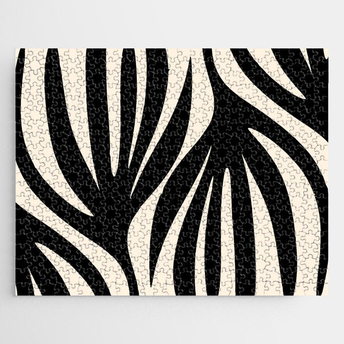Maldives Leaves Abstract Minimalist Pattern Black and Almond Cream Jigsaw Puzzle Gallery Image 1