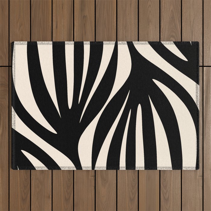 Maldives Leaves Abstract Minimalist Pattern Black and Almond Cream Outdoor Rug Gallery Image 1