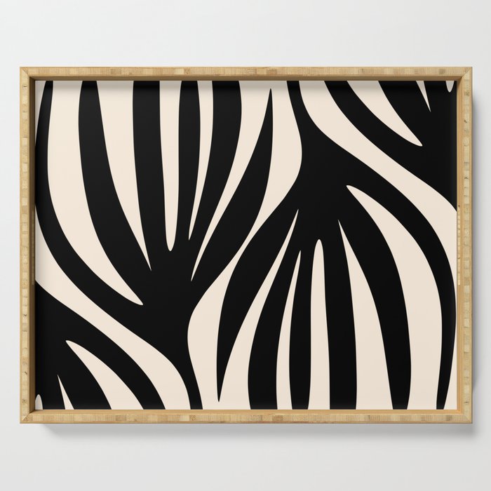 Maldives Leaves Abstract Minimalist Pattern Black and Almond Cream Serving Tray Gallery Image 1