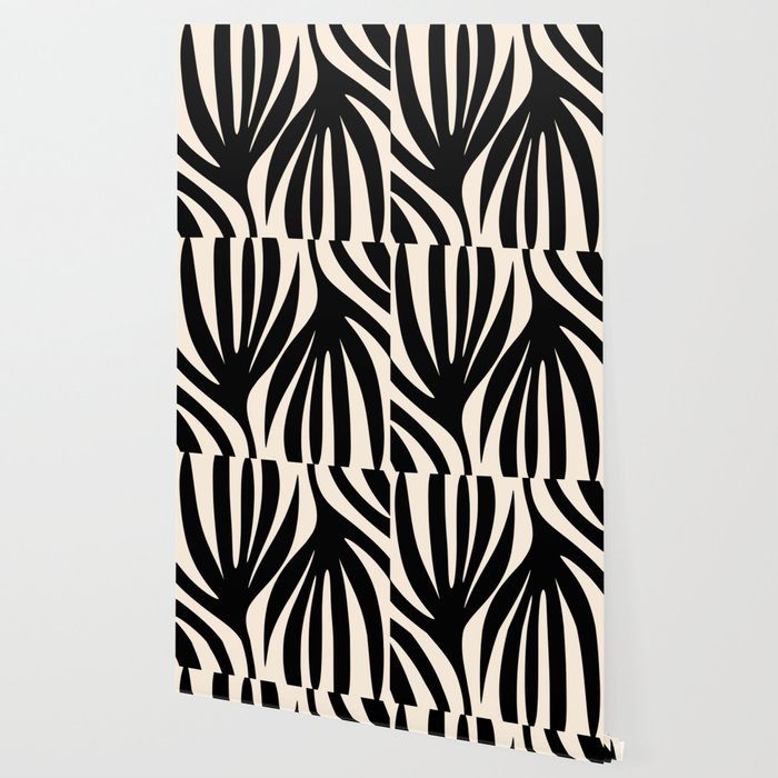 Maldives Leaves Abstract Minimalist Pattern Black and Almond Cream Wallpaper Gallery Image 2