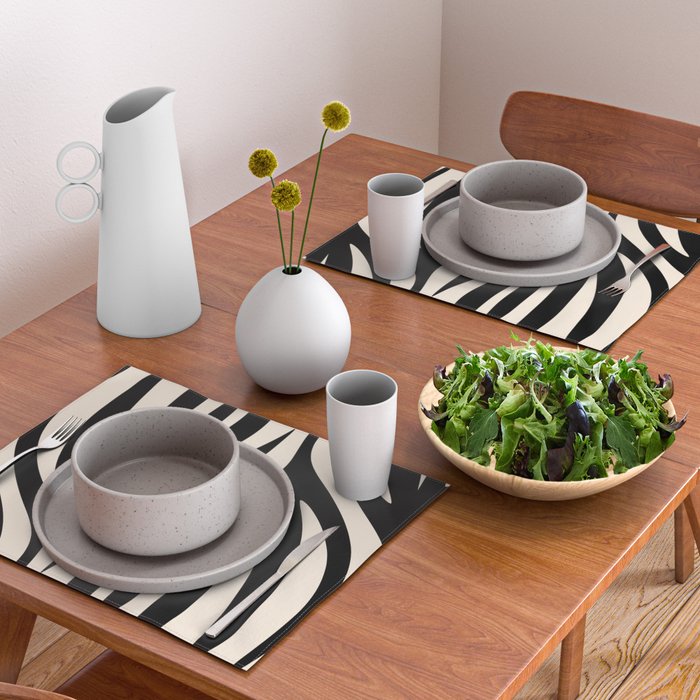 Maldives Leaves Abstract Minimalist Pattern Black and Almond Cream Placemat Gallery Image 2