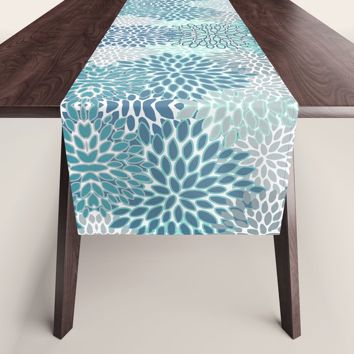 Festive, Floral Prints, Teal, Turquoise and Gray Table Runner Gallery Image 1
