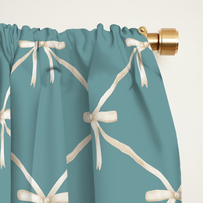 Bows & Ribbons Pattern LIV Teal Green Window Curtain Gallery Image 2