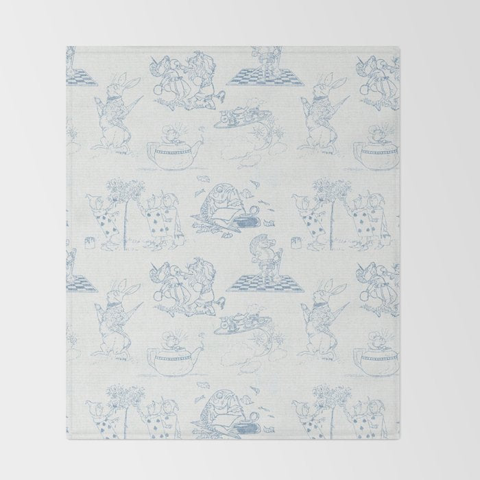Alice in Wonderland Toile Blue Throw Blanket Gallery Image 2