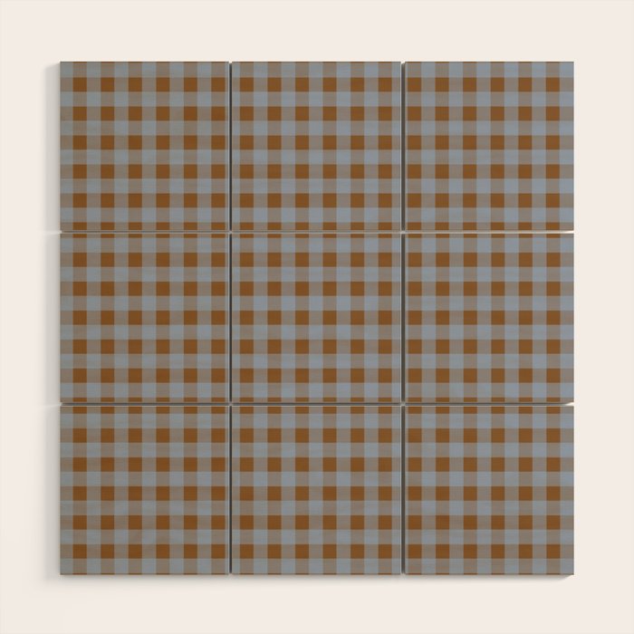 Gingham Plaid Check Pattern in Brown and Blue Wood Wall Art Gallery Image 1