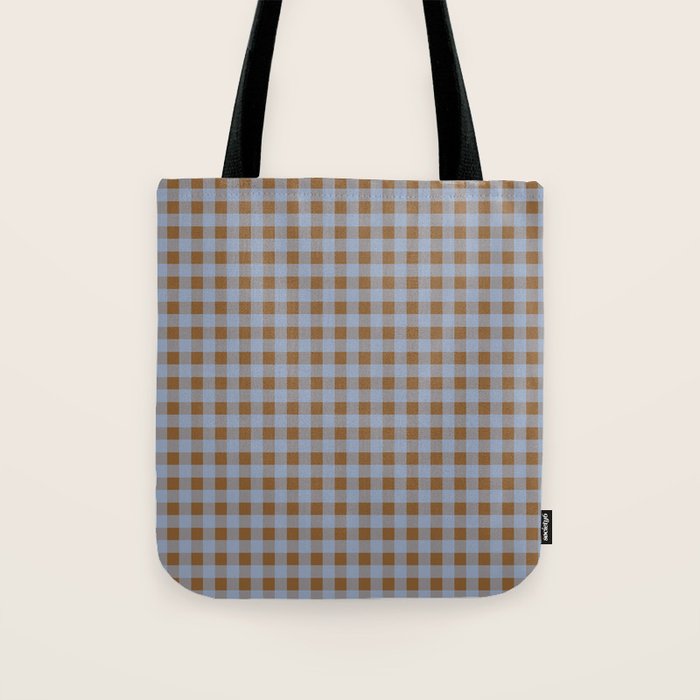 Gingham Plaid Check Pattern in Brown and Blue Tote Bag Gallery Image 1