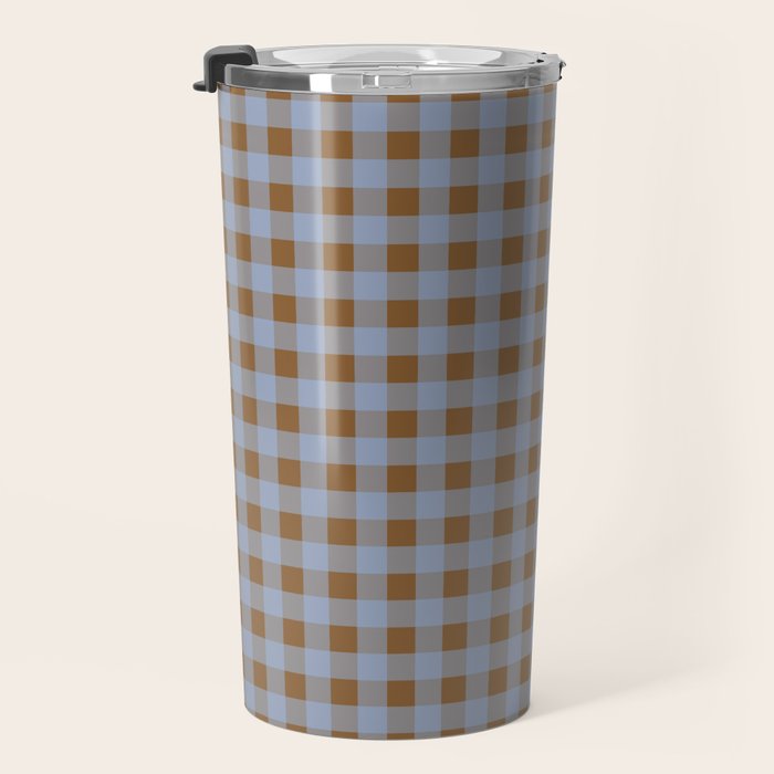 Gingham Plaid Check Pattern in Brown and Blue Travel Mug Gallery Image 3