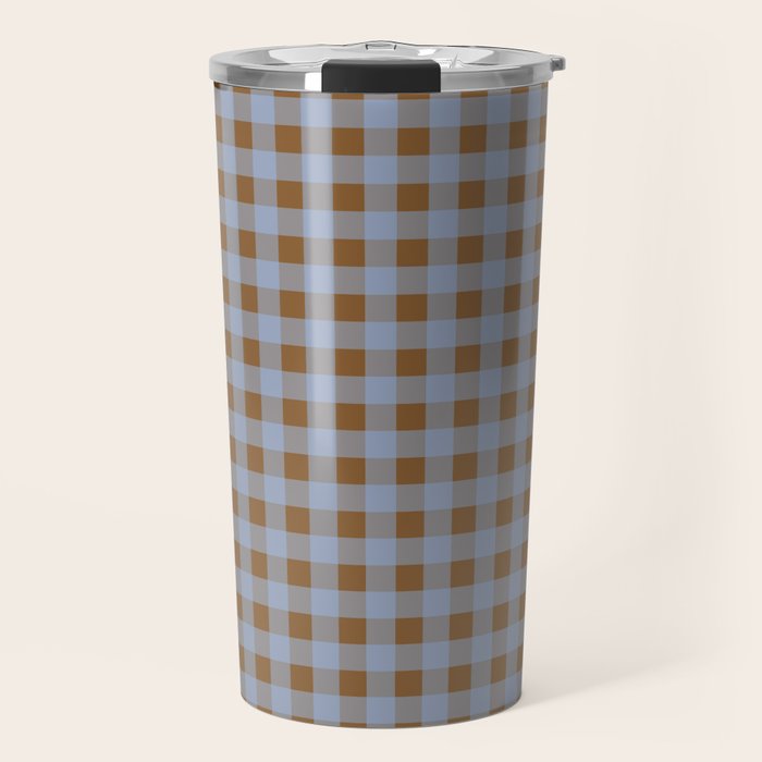 Gingham Plaid Check Pattern in Brown and Blue Travel Mug Gallery Image 1