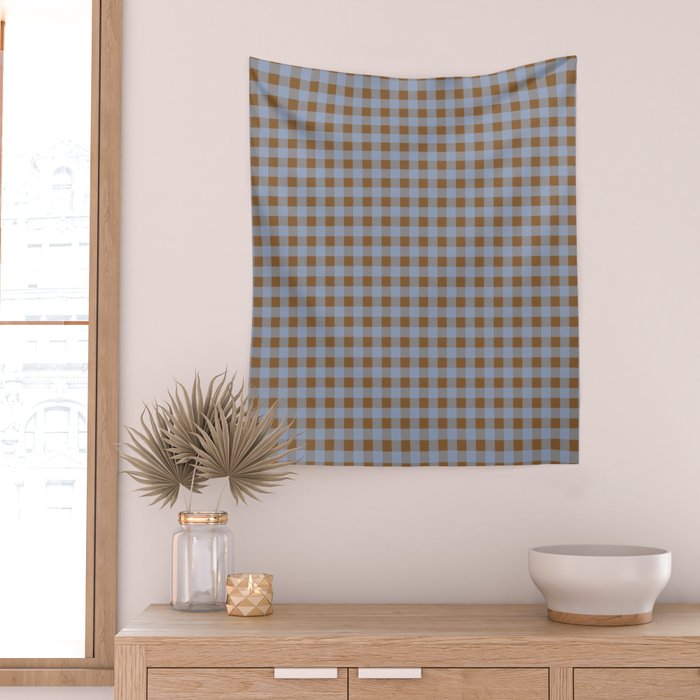 Gingham Plaid Check Pattern in Brown and Blue Wall Tapestry Gallery Image 2