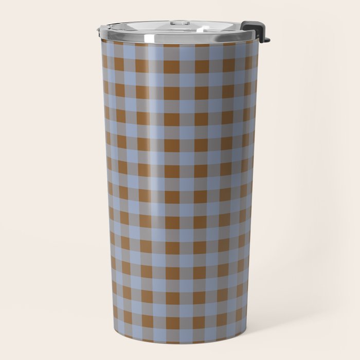 Gingham Plaid Check Pattern in Brown and Blue Travel Mug Gallery Image 2