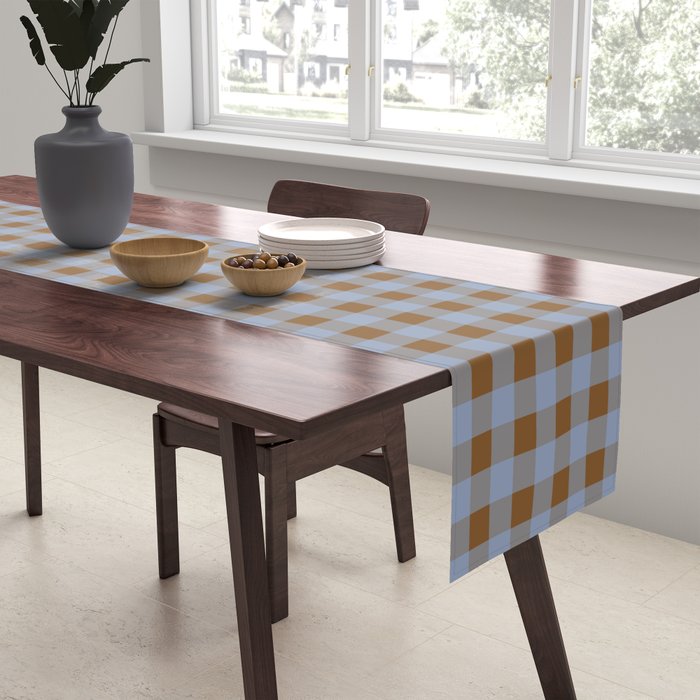 Gingham Plaid Check Pattern in Brown and Blue Table Runner Gallery Image 2