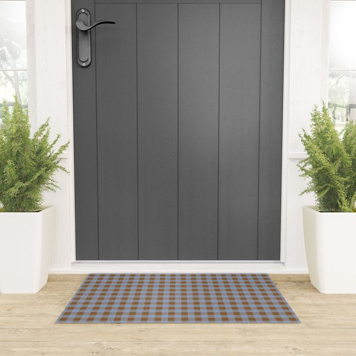 Gingham Plaid Check Pattern in Brown and Blue Welcome Mat Gallery Image 3