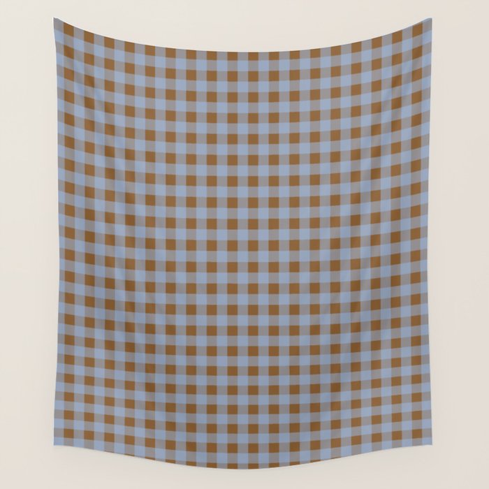 Gingham Plaid Check Pattern in Brown and Blue Wall Tapestry Gallery Image 4