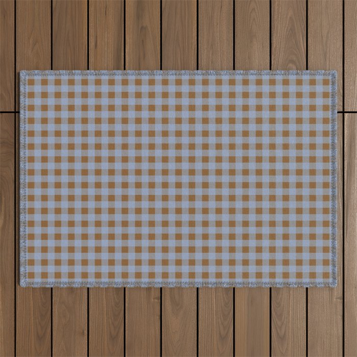 Gingham Plaid Check Pattern in Brown and Blue Outdoor Rug Gallery Image 1