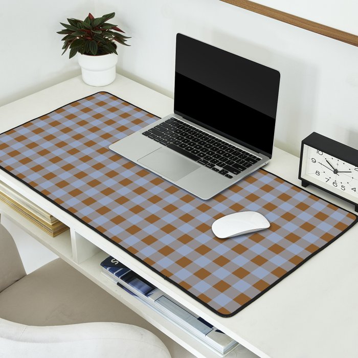Gingham Plaid Check Pattern in Brown and Blue Desk Mat Gallery Image 2