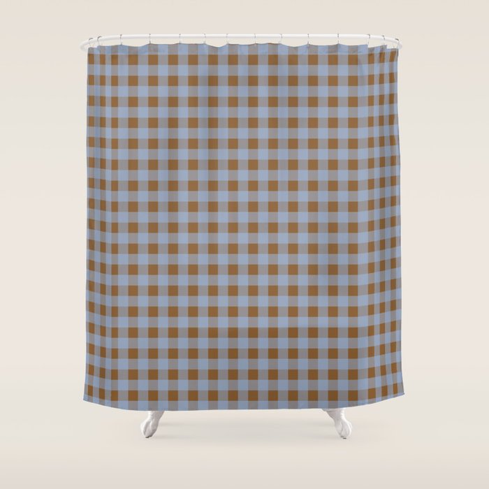 Gingham Plaid Check Pattern in Brown and Blue Shower Curtain Gallery Image 1