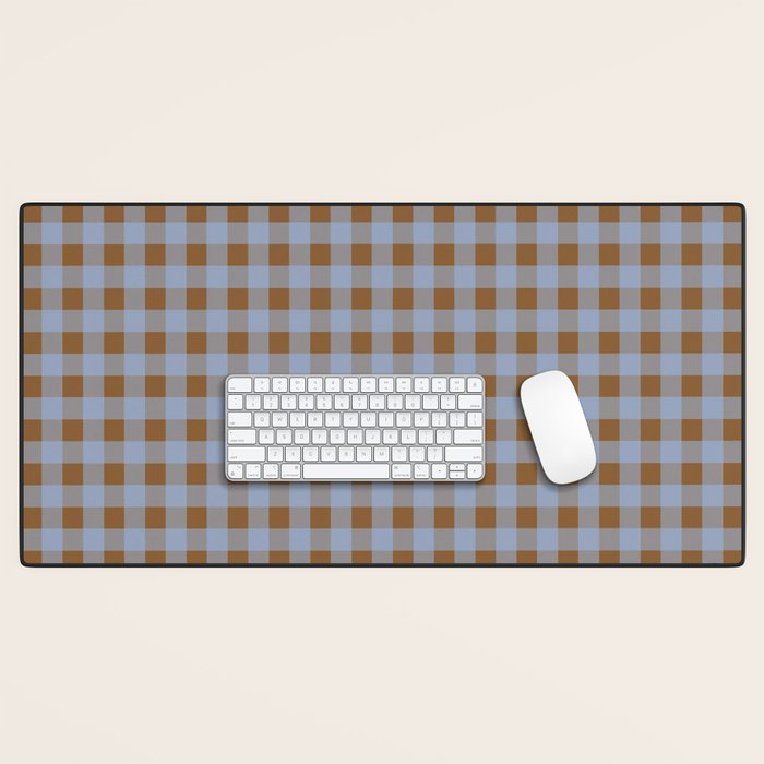 Gingham Plaid Check Pattern in Brown and Blue Desk Mat Gallery Image 1