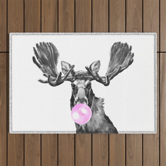 Bubble Gum Moose in Black and White Outdoor Rug Gallery Image 1
