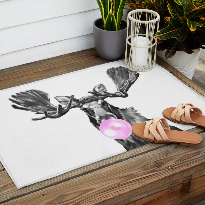 Bubble Gum Moose in Black and White Outdoor Rug Gallery Image 2
