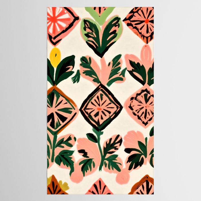 Tiles & Botanicals, Nature Plants Pastel Moroccan Painting, Bohemian Chic Geometric Vintage Illustration Tablecloth Gallery Image 2