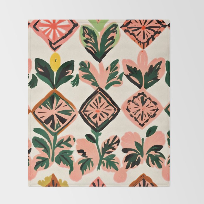 Tiles & Botanicals, Nature Plants Pastel Moroccan Painting, Bohemian Chic Geometric Vintage Illustration Throw Blanket Gallery Image 2