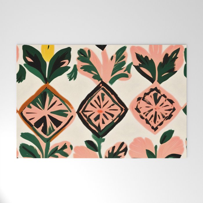 Tiles & Botanicals, Nature Plants Pastel Moroccan Painting, Bohemian Chic Geometric Vintage Illustration Welcome Mat Gallery Image 1