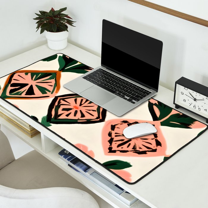 Tiles & Botanicals, Nature Plants Pastel Moroccan Painting, Bohemian Chic Geometric Vintage Illustration Desk Mat Gallery Image 2