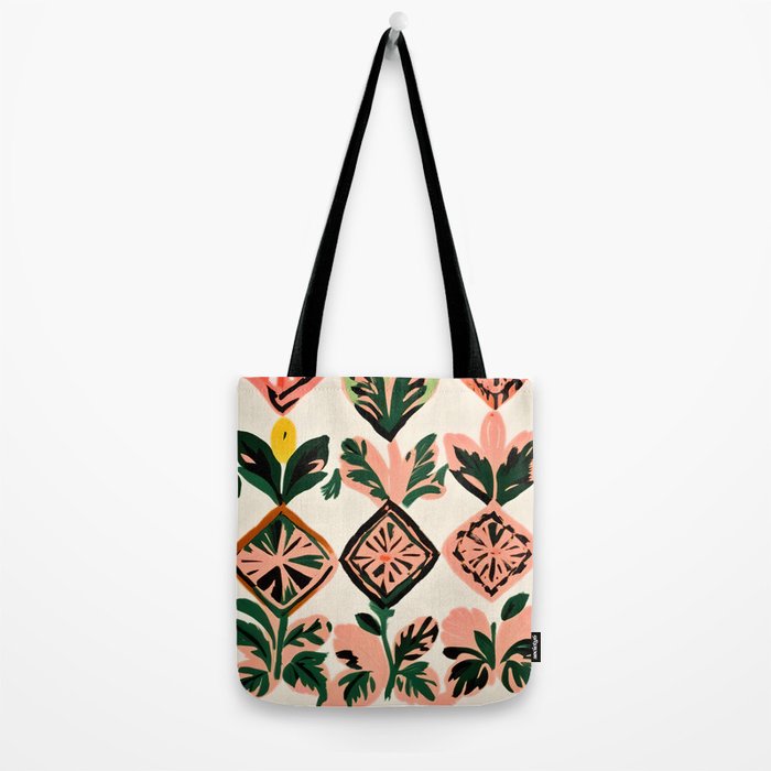 Tiles & Botanicals, Nature Plants Pastel Moroccan Painting, Bohemian Chic Geometric Vintage Illustration Tote Bag Gallery Image 2