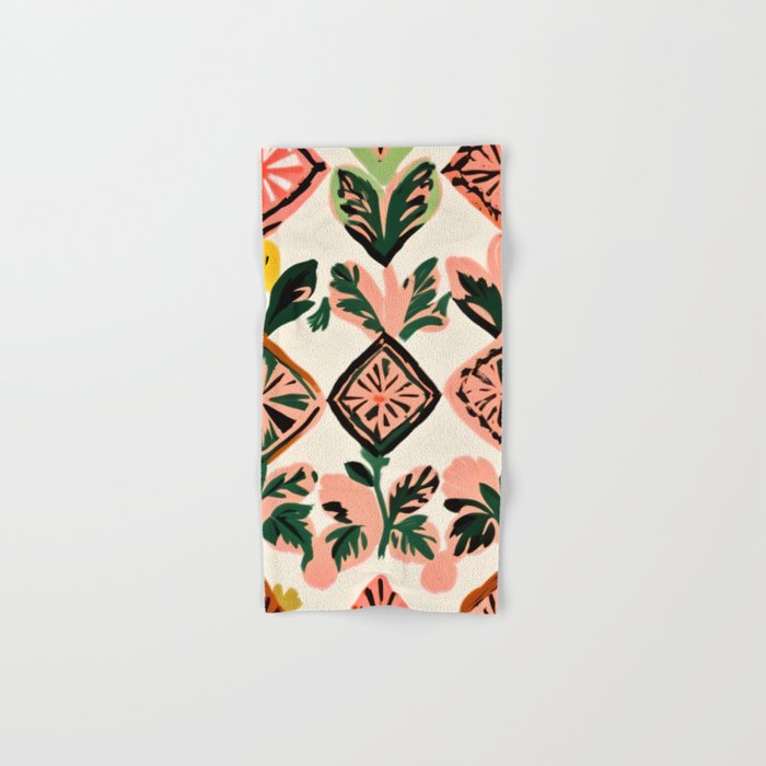 Tiles & Botanicals, Nature Plants Pastel Moroccan Painting, Bohemian Chic Geometric Vintage Illustration Bath Towel Gallery Image 1