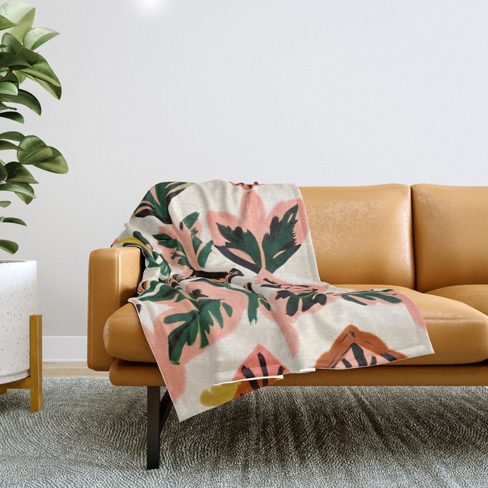 Tiles & Botanicals, Nature Plants Pastel Moroccan Painting, Bohemian Chic Geometric Vintage Illustration Throw Blanket Gallery Image 1