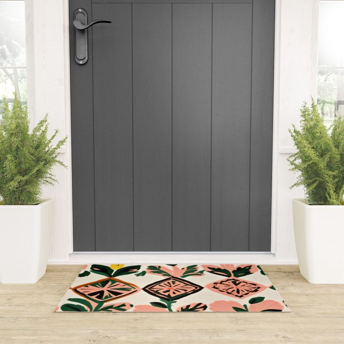 Tiles & Botanicals, Nature Plants Pastel Moroccan Painting, Bohemian Chic Geometric Vintage Illustration Welcome Mat Gallery Image 3