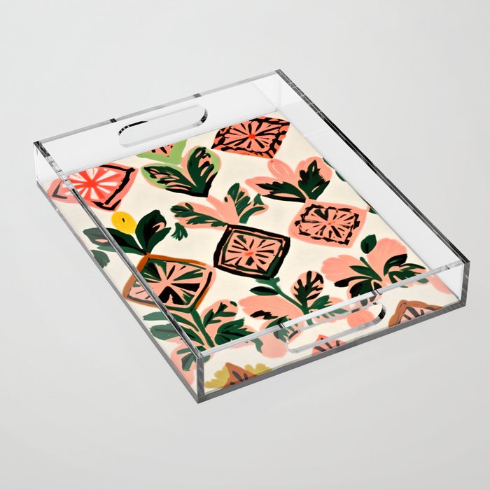 Tiles & Botanicals, Nature Plants Pastel Moroccan Painting, Bohemian Chic Geometric Vintage Illustration Acrylic Tray Gallery Image 1