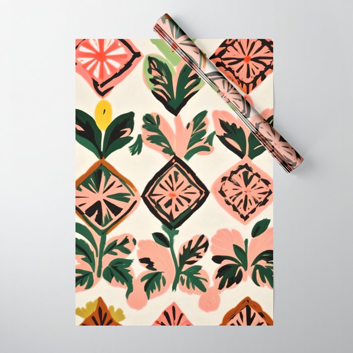 Tiles & Botanicals, Nature Plants Pastel Moroccan Painting, Bohemian Chic Geometric Vintage Illustration Wrapping Paper Gallery Image 1