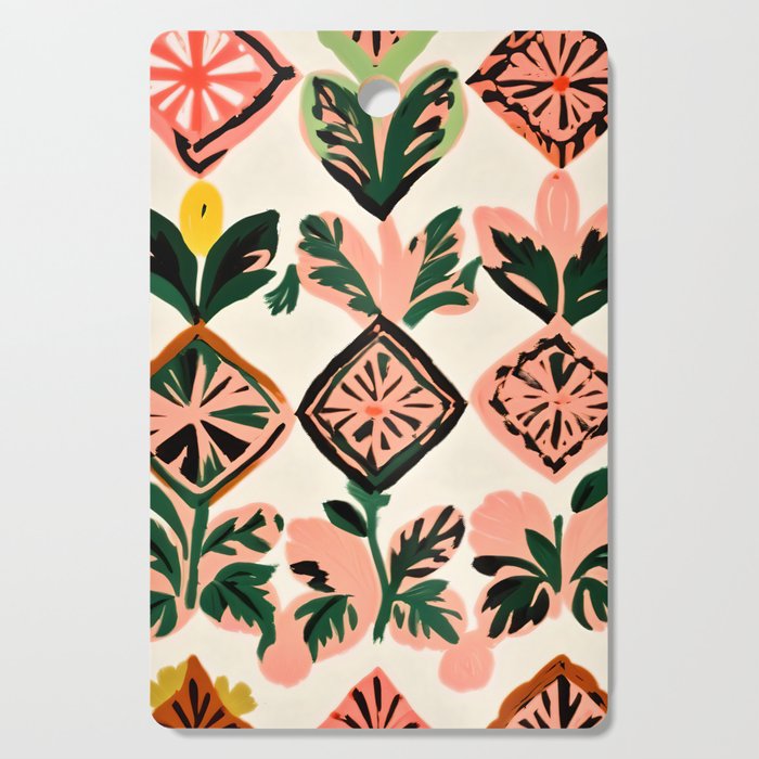 Tiles & Botanicals, Nature Plants Pastel Moroccan Painting, Bohemian Chic Geometric Vintage Illustration Cutting Board Gallery Image 1
