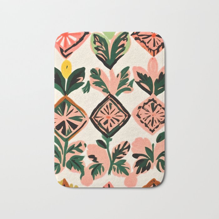 Tiles & Botanicals, Nature Plants Pastel Moroccan Painting, Bohemian Chic Geometric Vintage Illustration Bath Mat Gallery Image 1