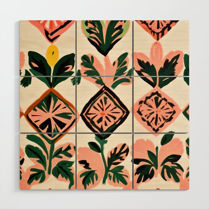 Tiles & Botanicals, Nature Plants Pastel Moroccan Painting, Bohemian Chic Geometric Vintage Illustration Wood Wall Art Gallery Image 1