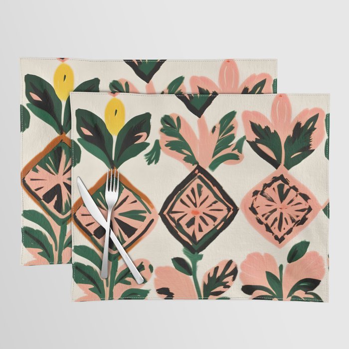 Tiles & Botanicals, Nature Plants Pastel Moroccan Painting, Bohemian Chic Geometric Vintage Illustration Placemat Gallery Image 1