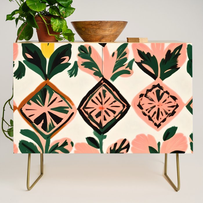 Tiles & Botanicals, Nature Plants Pastel Moroccan Painting, Bohemian Chic Geometric Vintage Illustration Credenza Gallery Image 1