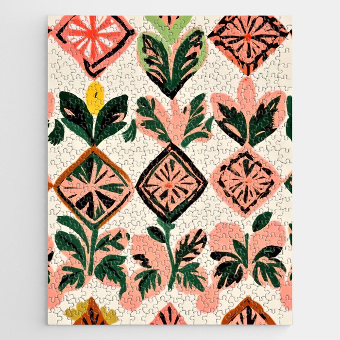 Tiles & Botanicals, Nature Plants Pastel Moroccan Painting, Bohemian Chic Geometric Vintage Illustration Jigsaw Puzzle Gallery Image 1