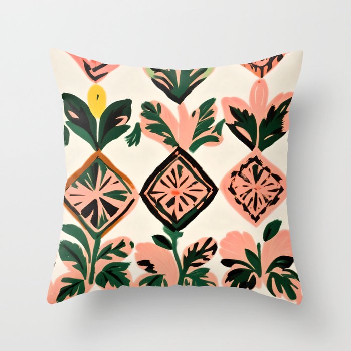 Tiles & Botanicals, Nature Plants Pastel Moroccan Painting, Bohemian Chic Geometric Vintage Illustration Throw Pillow Gallery Image 6