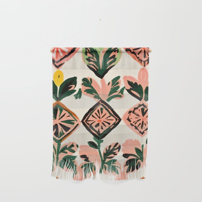 Tiles & Botanicals, Nature Plants Pastel Moroccan Painting, Bohemian Chic Geometric Vintage Illustration Wall Hanging Gallery Image 1