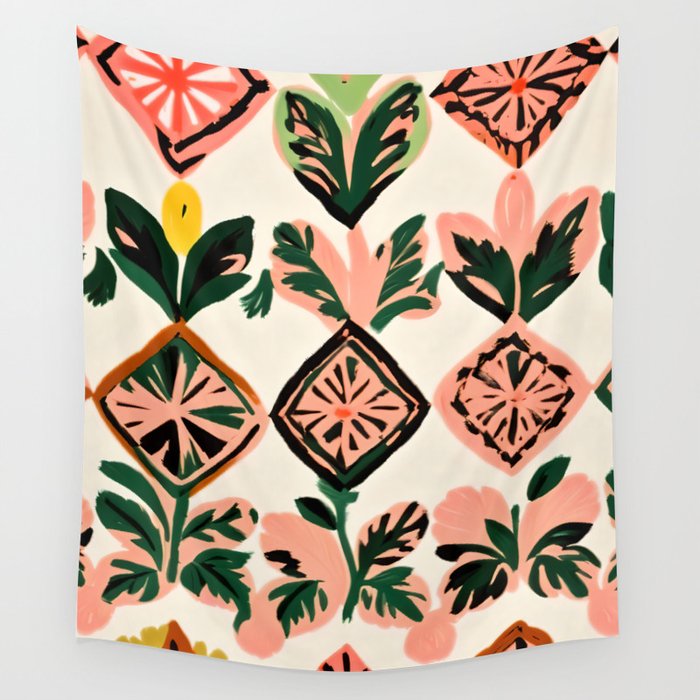 Tiles & Botanicals, Nature Plants Pastel Moroccan Painting, Bohemian Chic Geometric Vintage Illustration Wall Tapestry Gallery Image 4