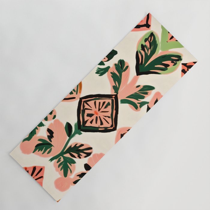 Tiles & Botanicals, Nature Plants Pastel Moroccan Painting, Bohemian Chic Geometric Vintage Illustration Yoga Mat Gallery Image 1